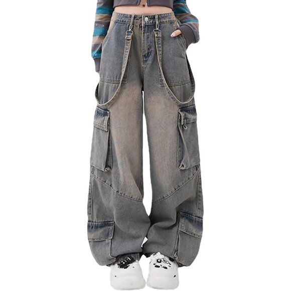 Gothic Denim Pants Women's Loose Wide Leg Stitching Casual High Rise - Picture 2 of 5